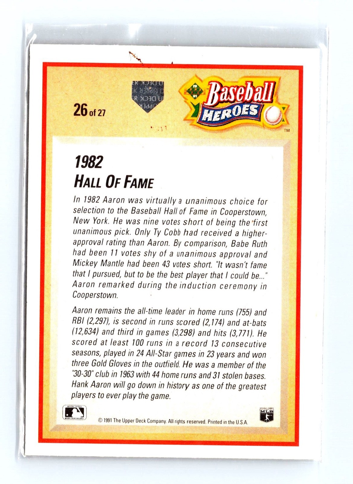 1991 Upper Deck #26 Hank Aaron Baseball Heroes: Hank Aaron - Image 2