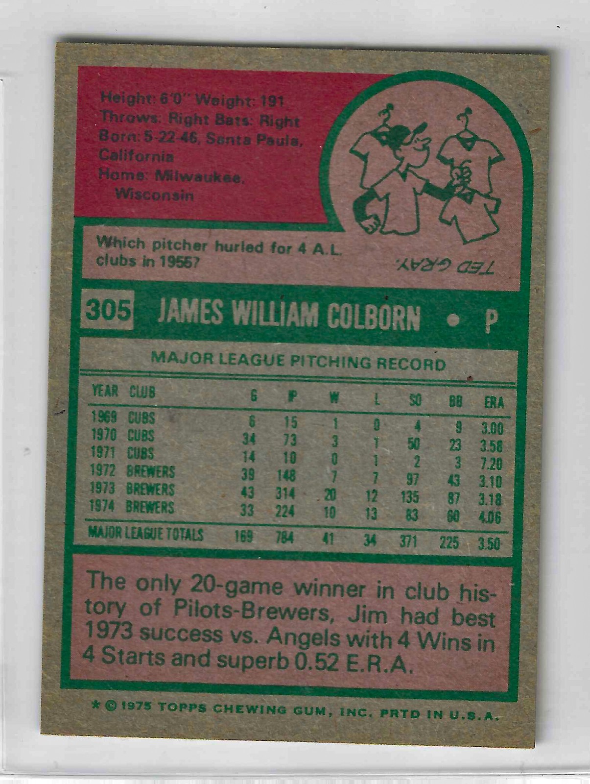 1975 Topps MINI Baseball - SET BREAK - Jim Colborn #305 - Image 2