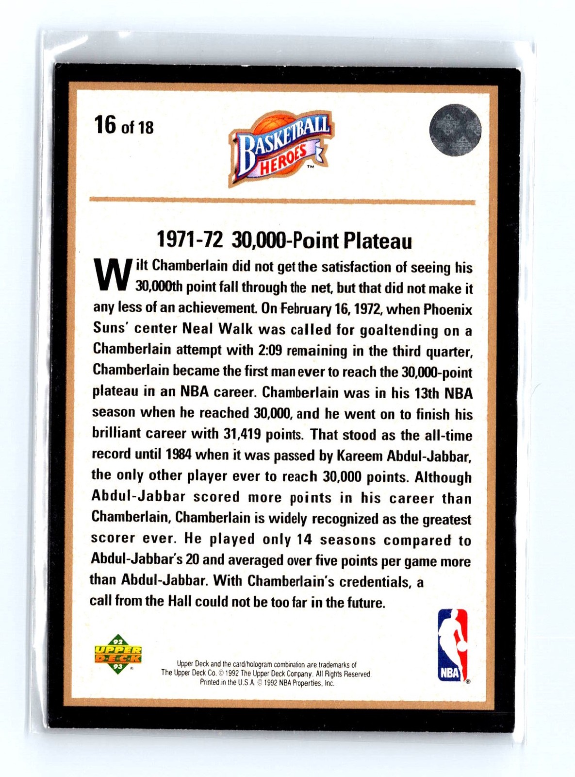 1992-93 Upper Deck #16 Wilt Chamberlain Basketball Heroes: Wilt Chamberlain - Image 2