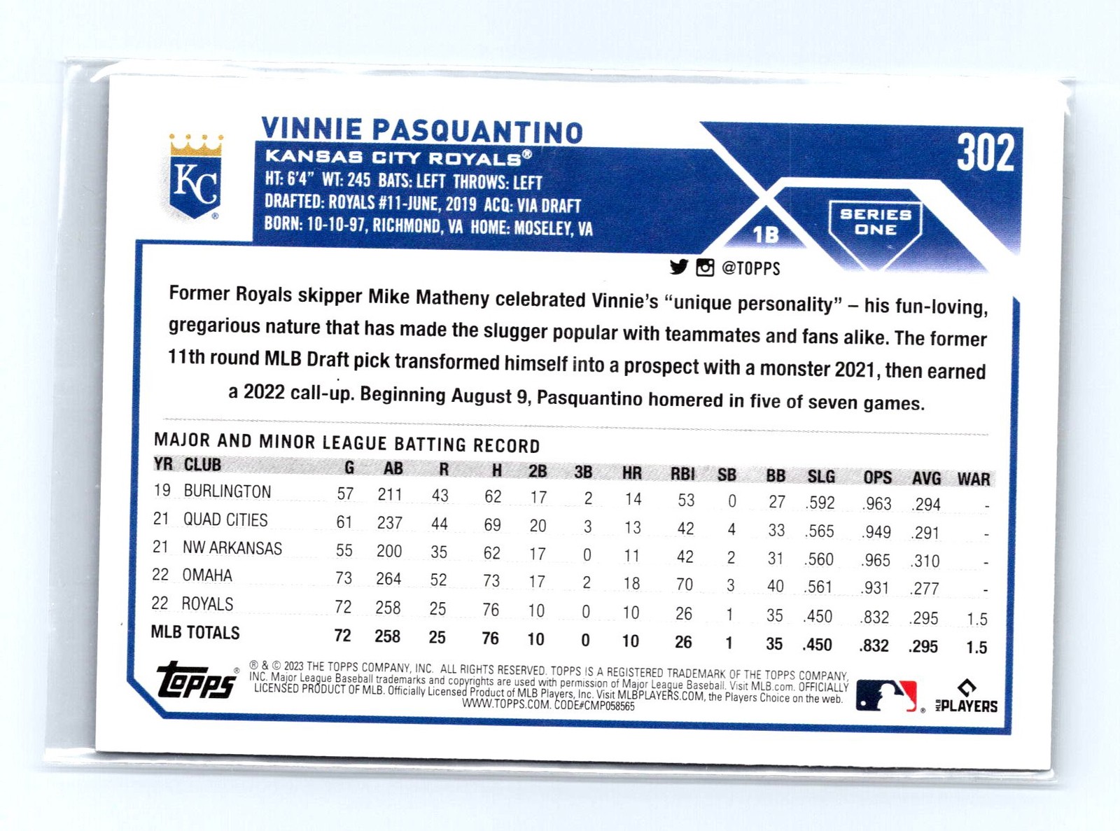2023 Topps #302 Vinnie Pasquantino Royal Blue - Image 2