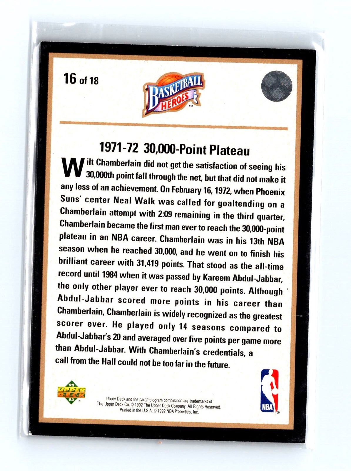 1992-93 Upper Deck #16 Wilt Chamberlain Basketball Heroes: Wilt Chamberlain - Image 2