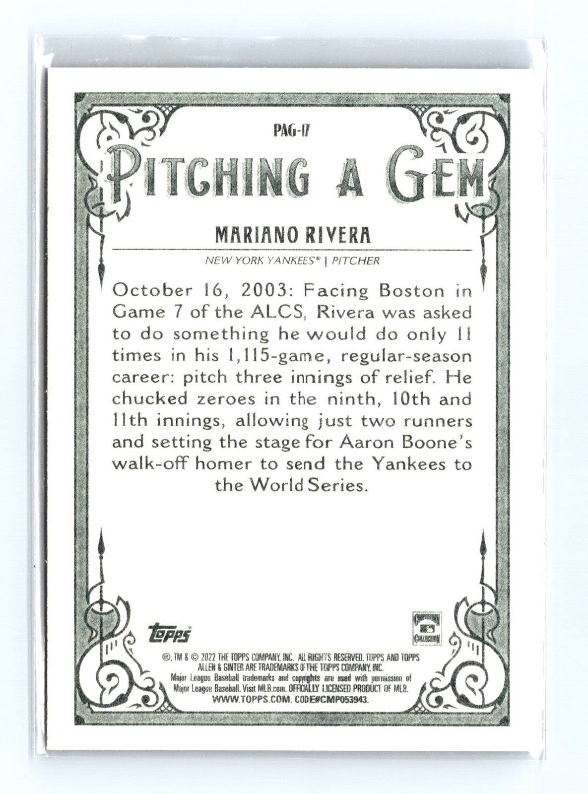 2022 Topps Allen & Ginter #PAG-17 Mariano Rivera Pitching a Gem - Image 2