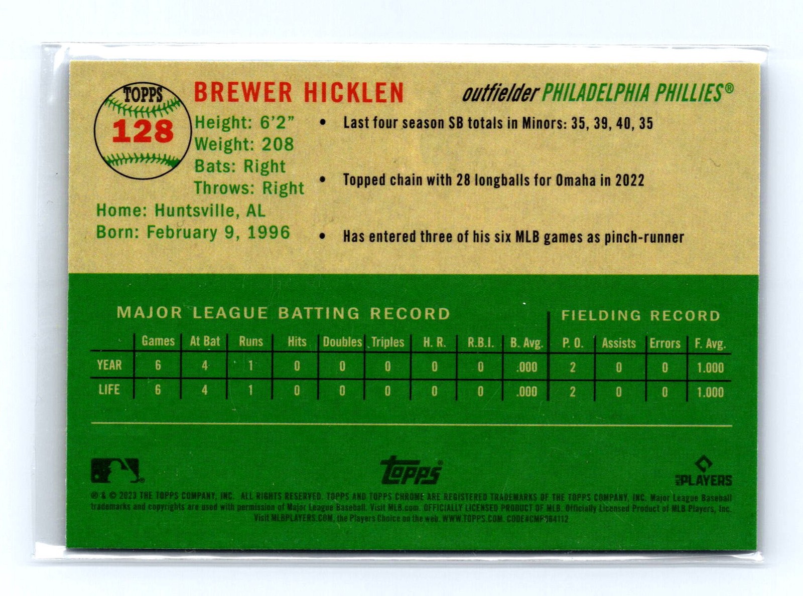 2023 Topps Chrome Platinum Anniversary #128 Brewer Hicklen Blue Prism Refractors - Image 2
