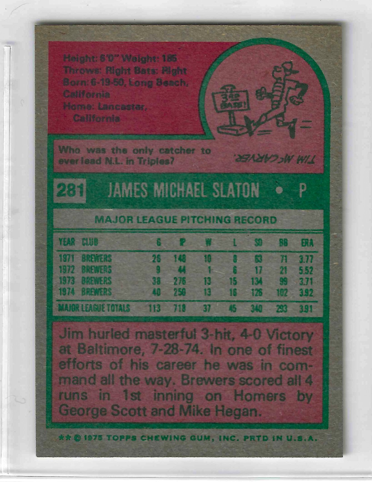 1975 Topps MINI Baseball - SET BREAK - Jim Slaton #281 - Image 2