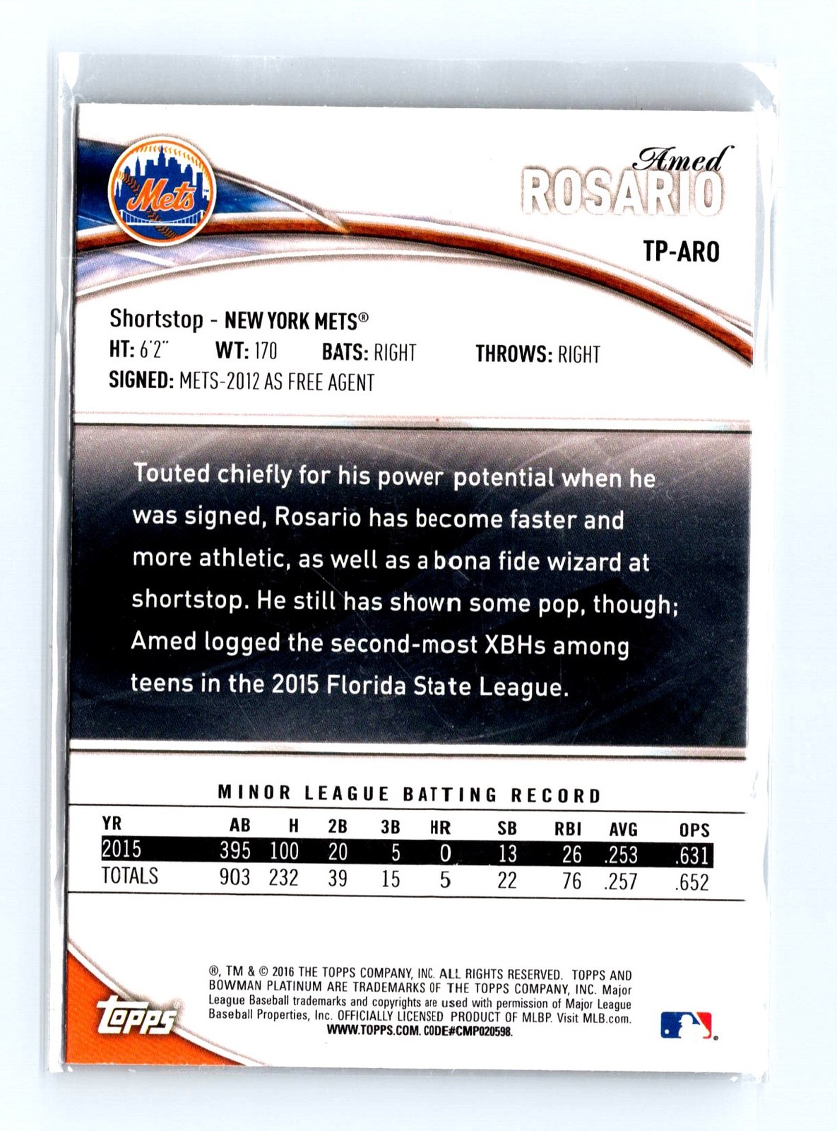 2016 Bowman Platinum #TP-ARO Amed Rosario Top Prospects Green #/99 - Image 2