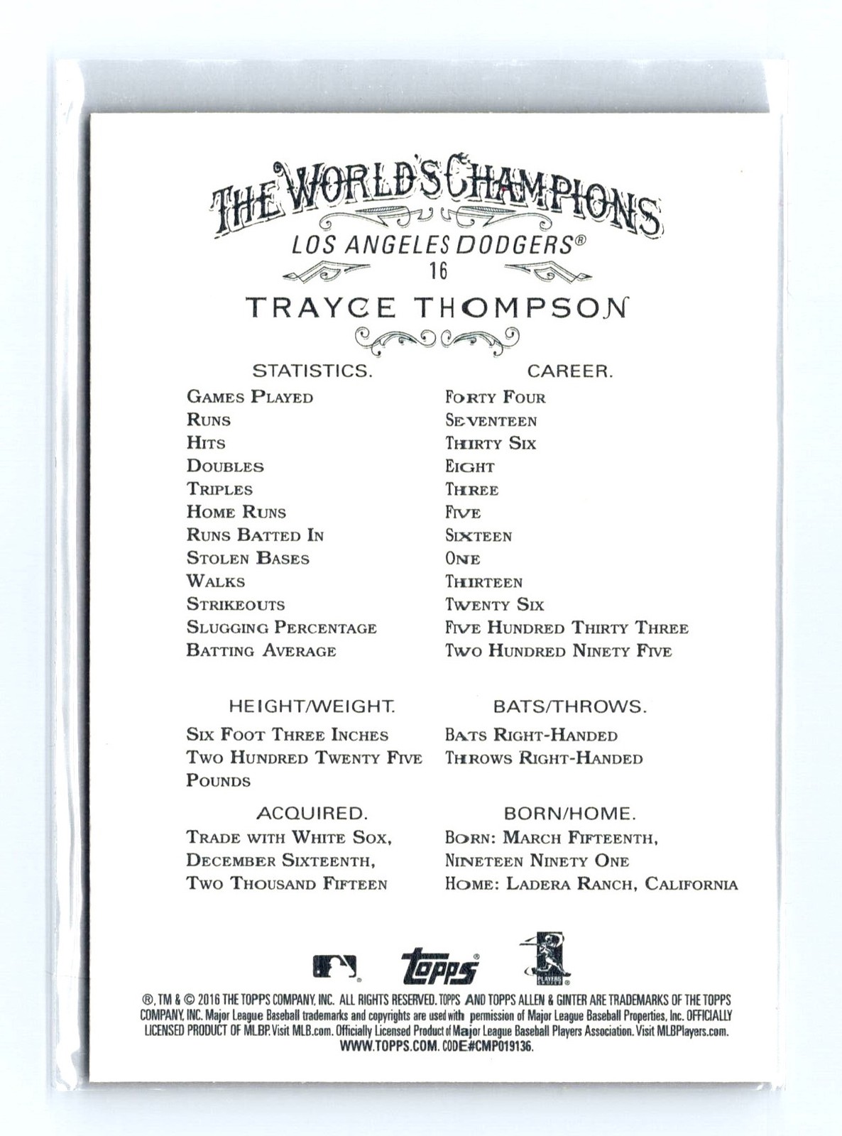 2016 Topps Allen & Ginter X #16 Trayce Thompson - Image 2