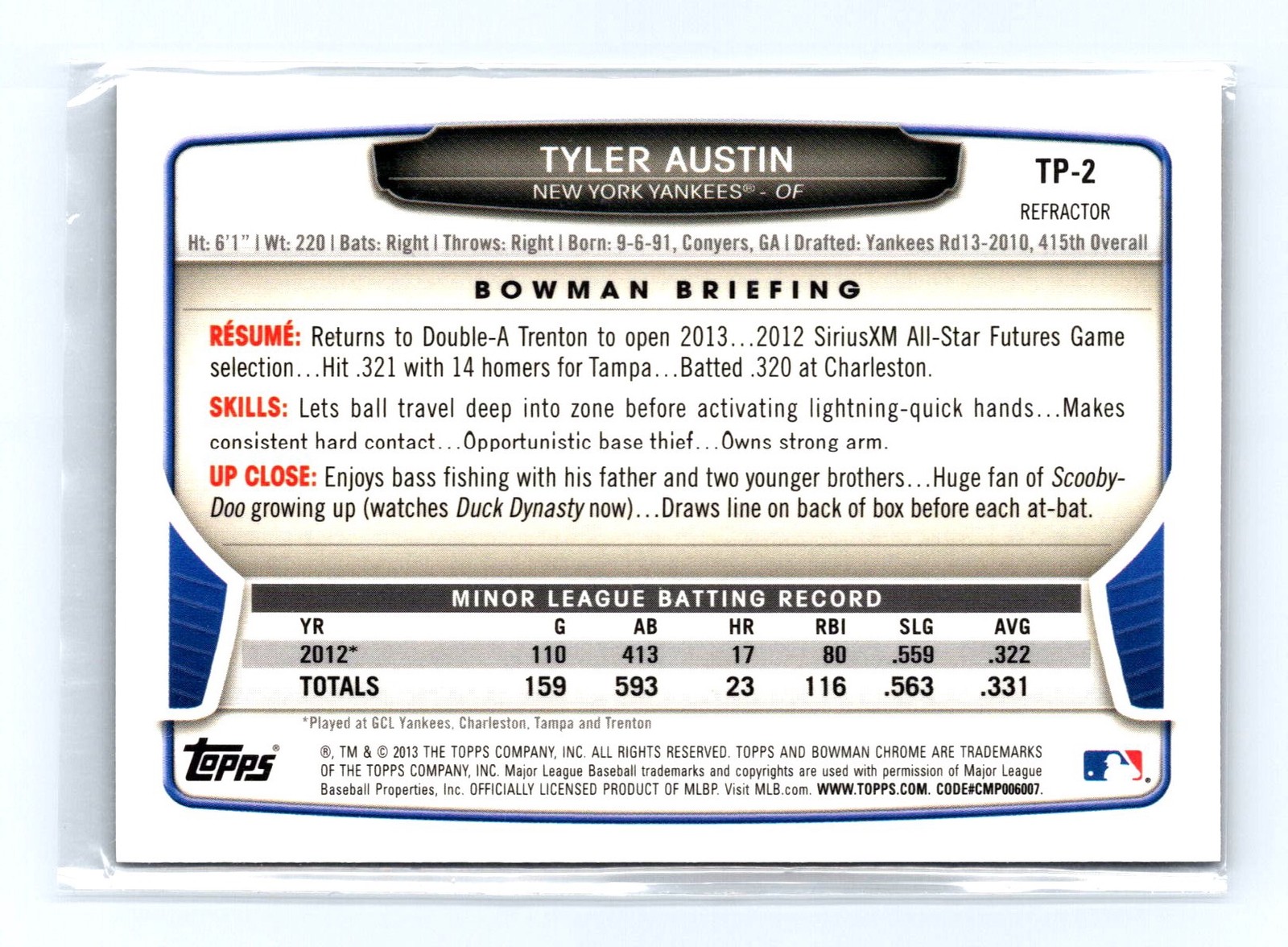 2013 Bowman Draft Picks #TP-2 Tyler Austin Chrome Top Prospects Black Wave - Image 2