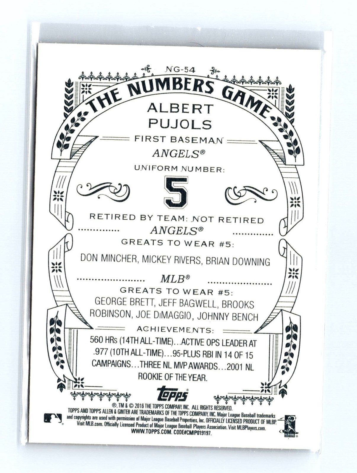 2016 Topps Allen & Ginter #NG-54 Albert Pujols The Numbers Game - Image 2