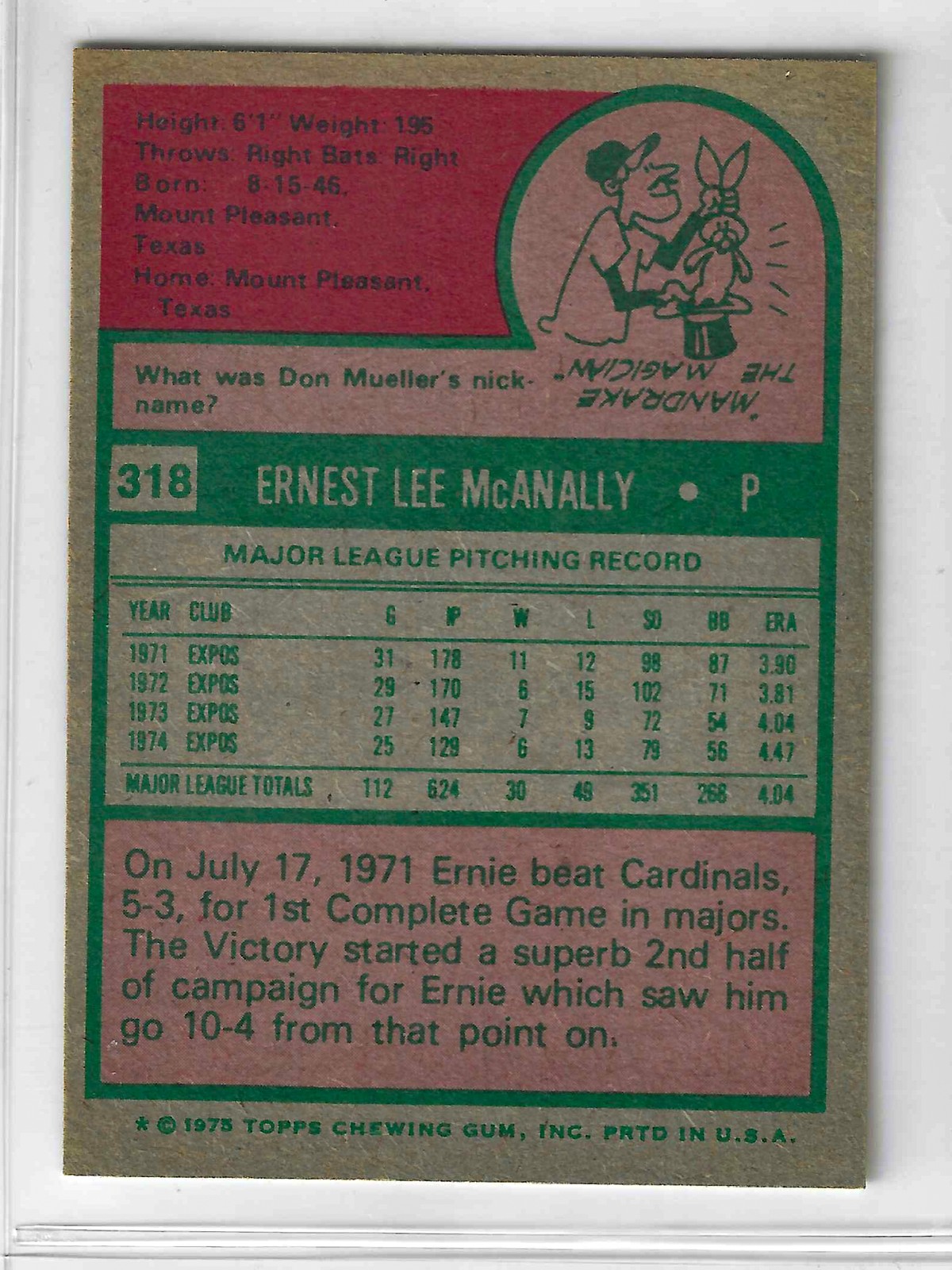 1975 Topps MINI Baseball - SET BREAK - Ernie McAnally #318 - Image 2