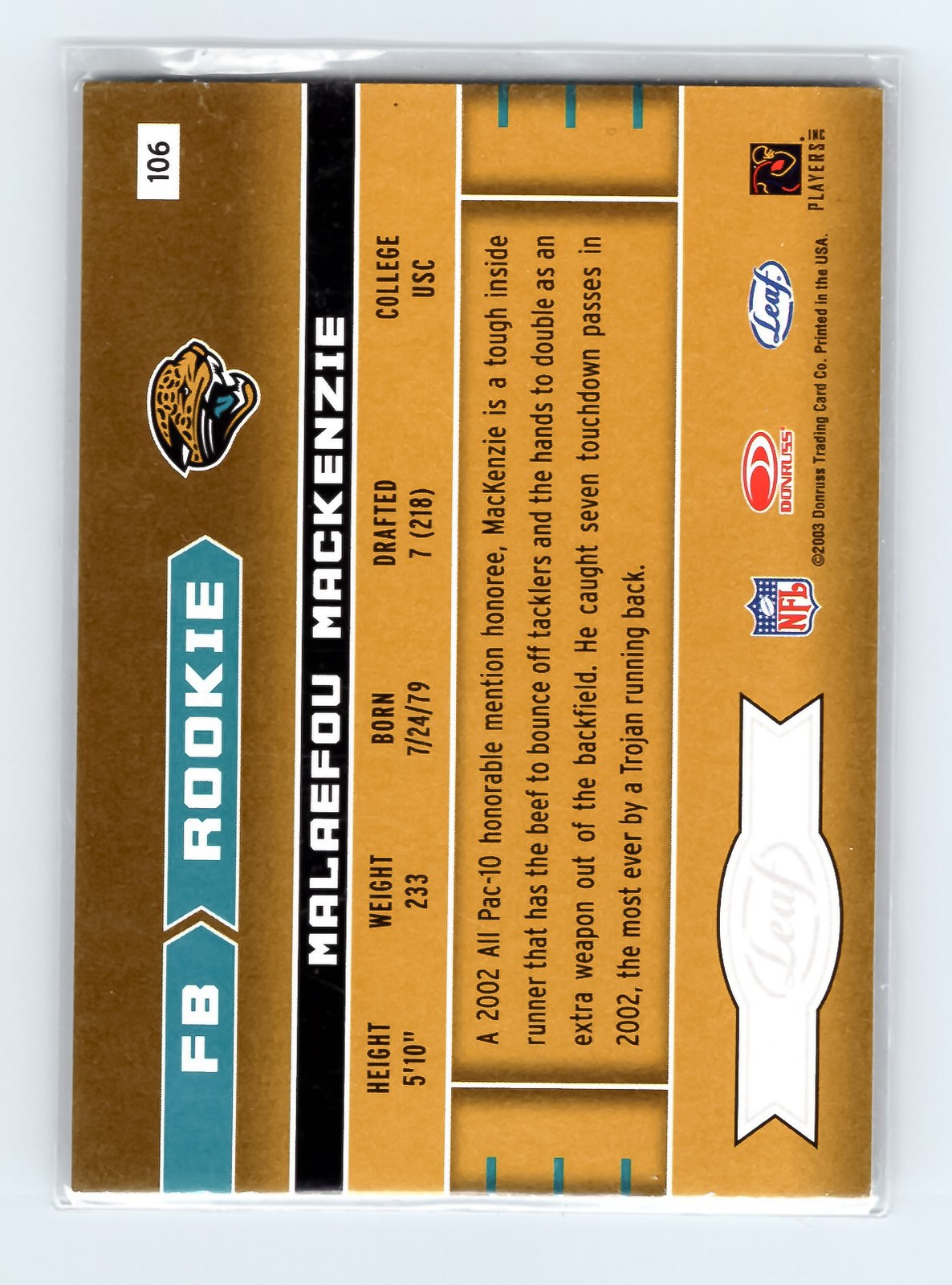 2003 Leaf Rookies Stars #106 Malaefou MacKenzie RC Jaguars EXCELLENT - Image 2