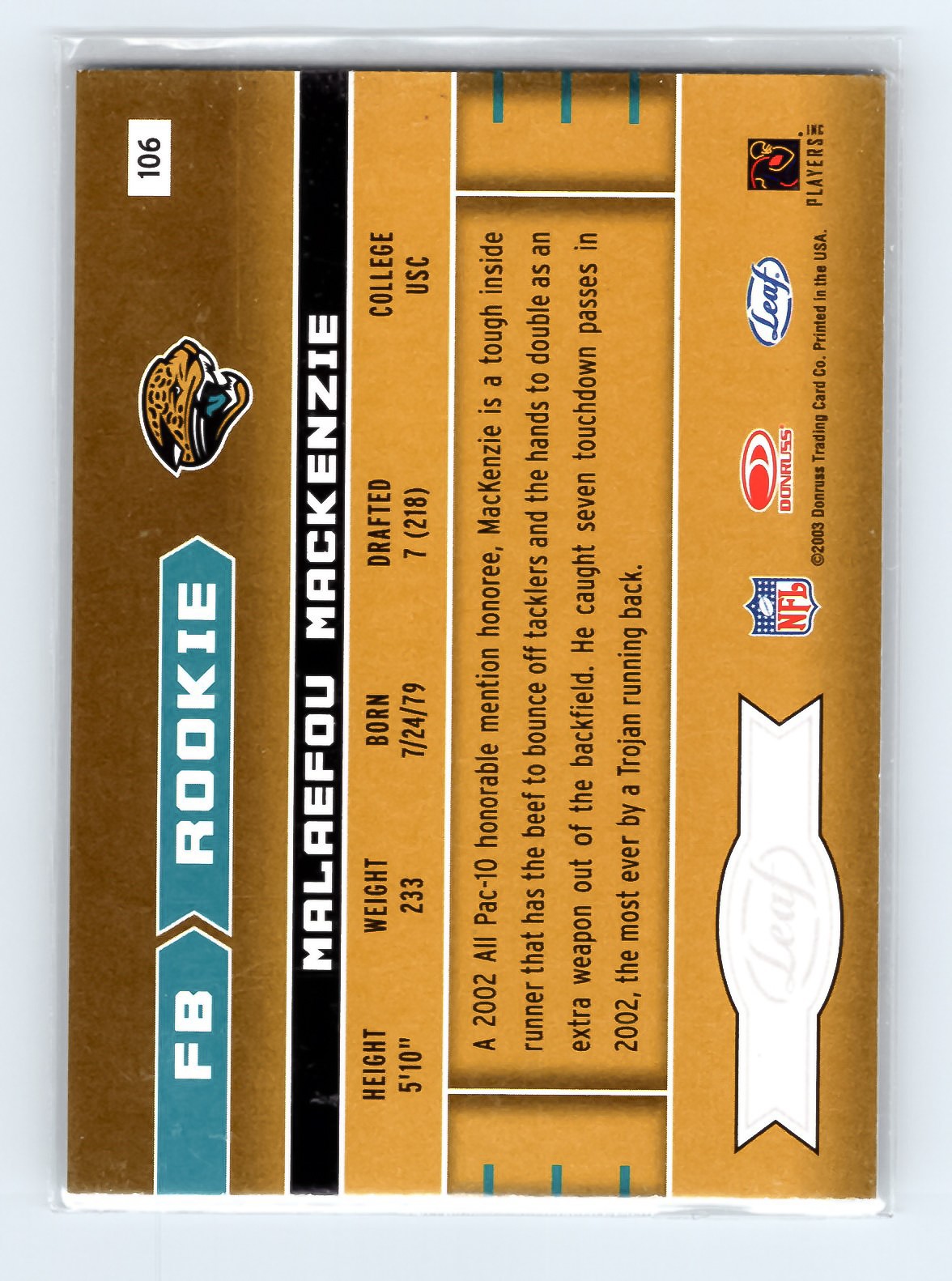 2003 Leaf Rookies Stars #106 Malaefou MacKenzie RC Jacksonville Jaguars - Image 2