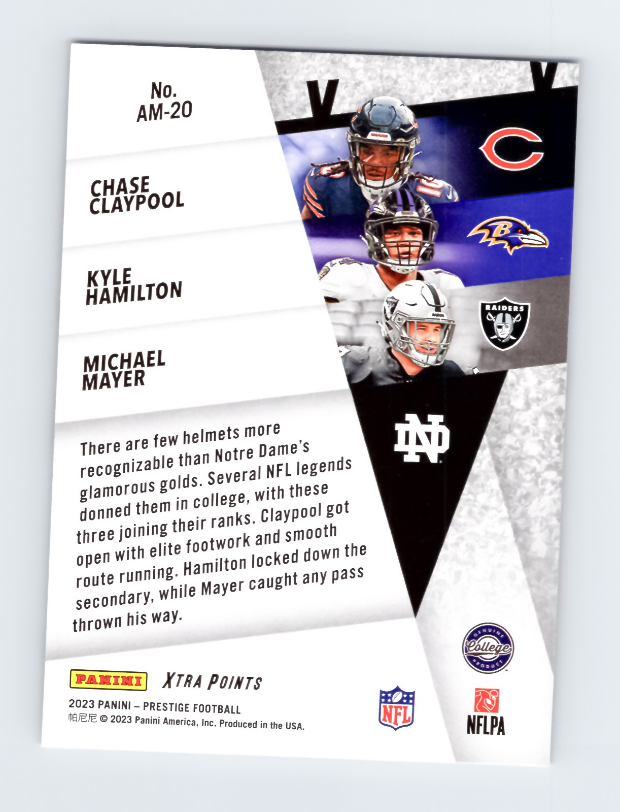 2023 Panini Prestige Playmakers Claypool Hamilton Mayer Football Card - Image 2
