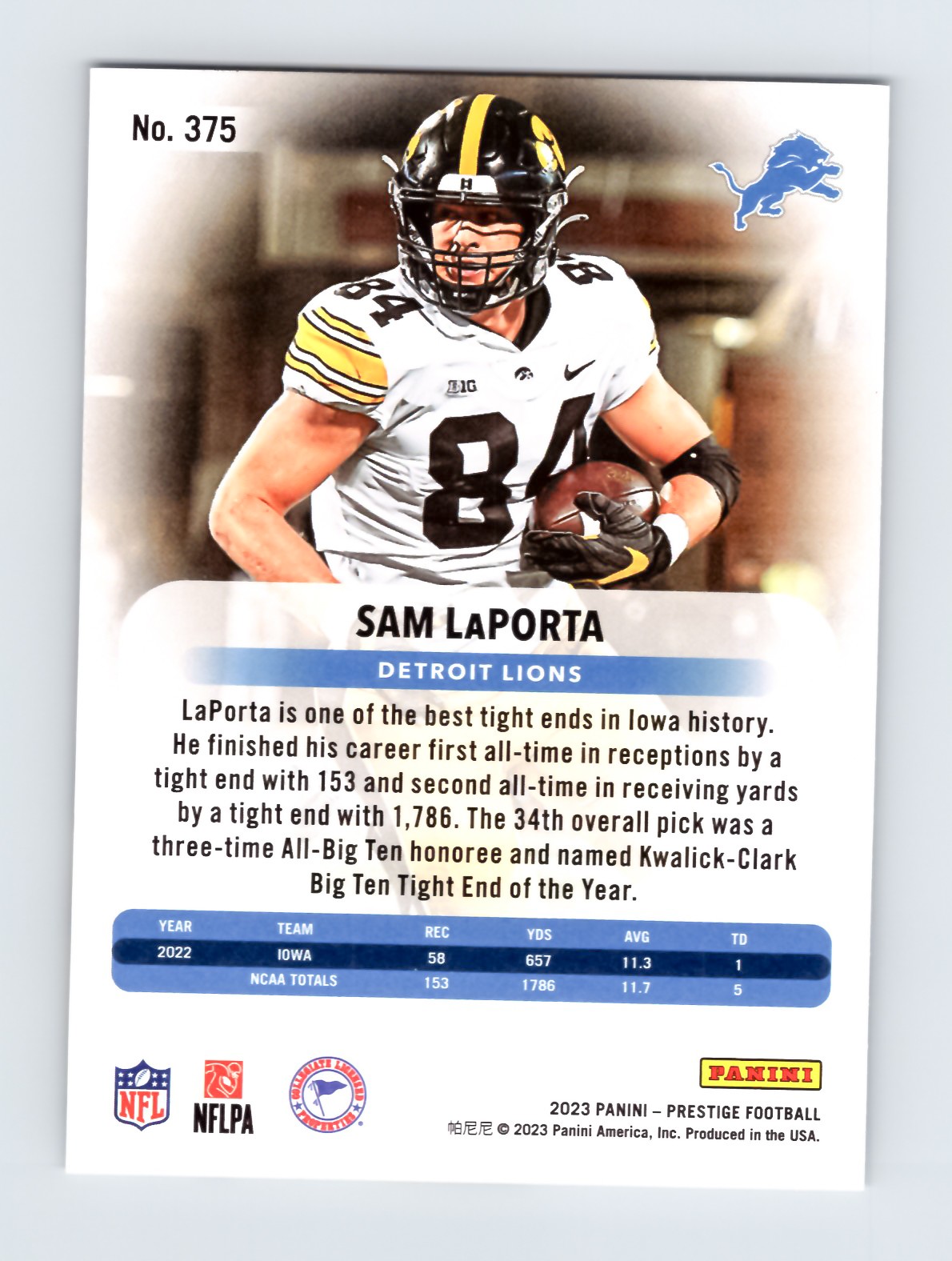 Sam LaPorta 2023 Panini Prestige #375 RC Rookie Detroit Lions EXCELLENT - Image 2