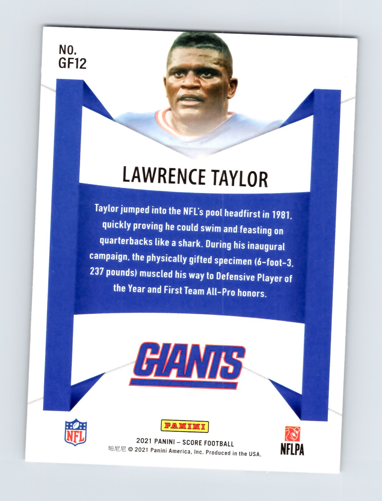 Lawrence Taylor 2021 Score Game Face #GF12 NY Giants NFL Card EXCELLENT - Image 2