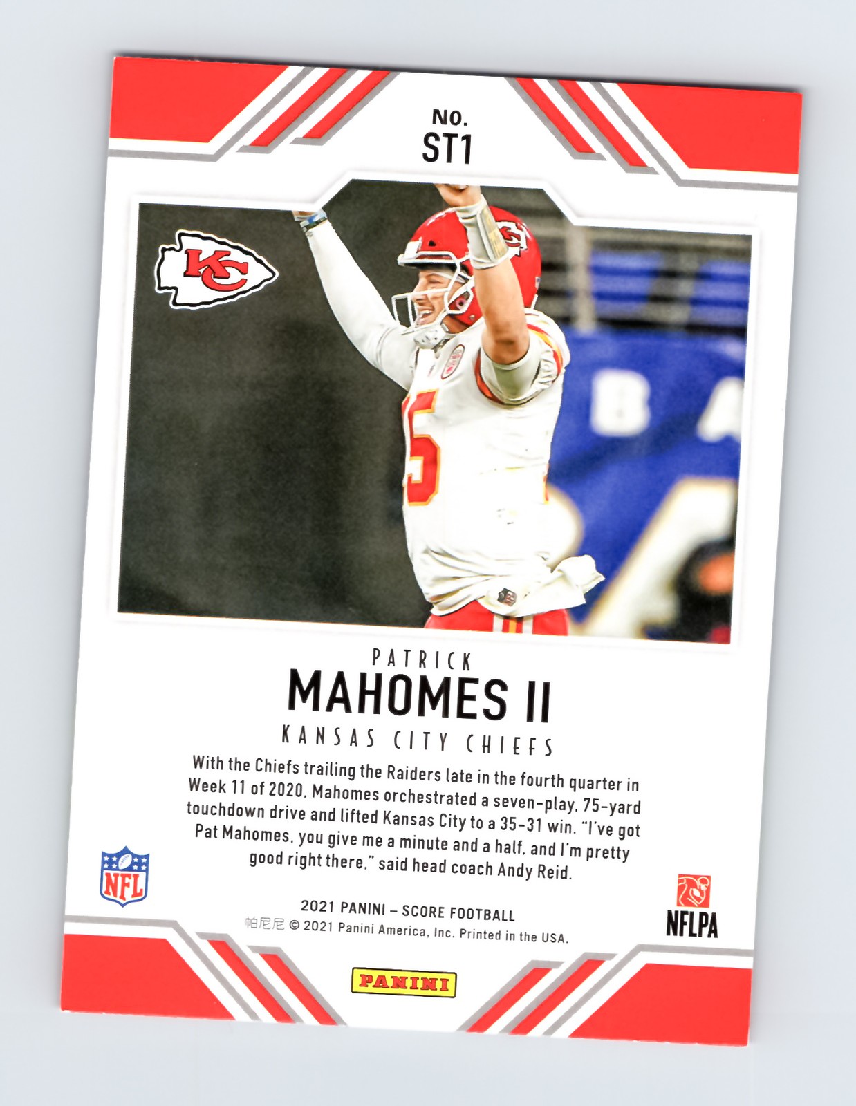 Patrick Mahomes 2021 Score #ST1 Chiefs Football Card EXCELLENT - Image 2