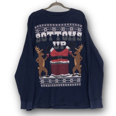 Vintage Dec. 25th Thermal Shirt Mens XL Navy Bottoms Up Santa Christmas GOOD