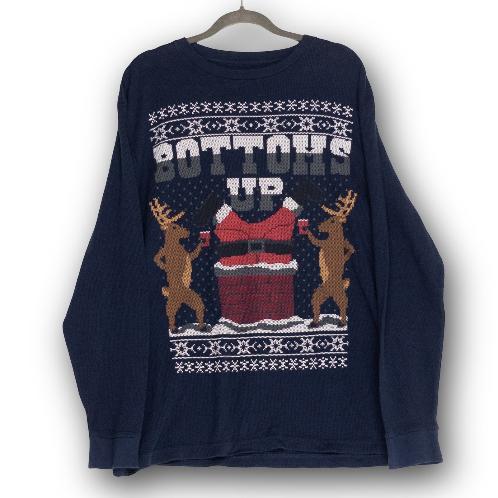 Vintage Dec. 25th Thermal Shirt Mens XL Navy Bottoms Up Santa Christmas GOOD