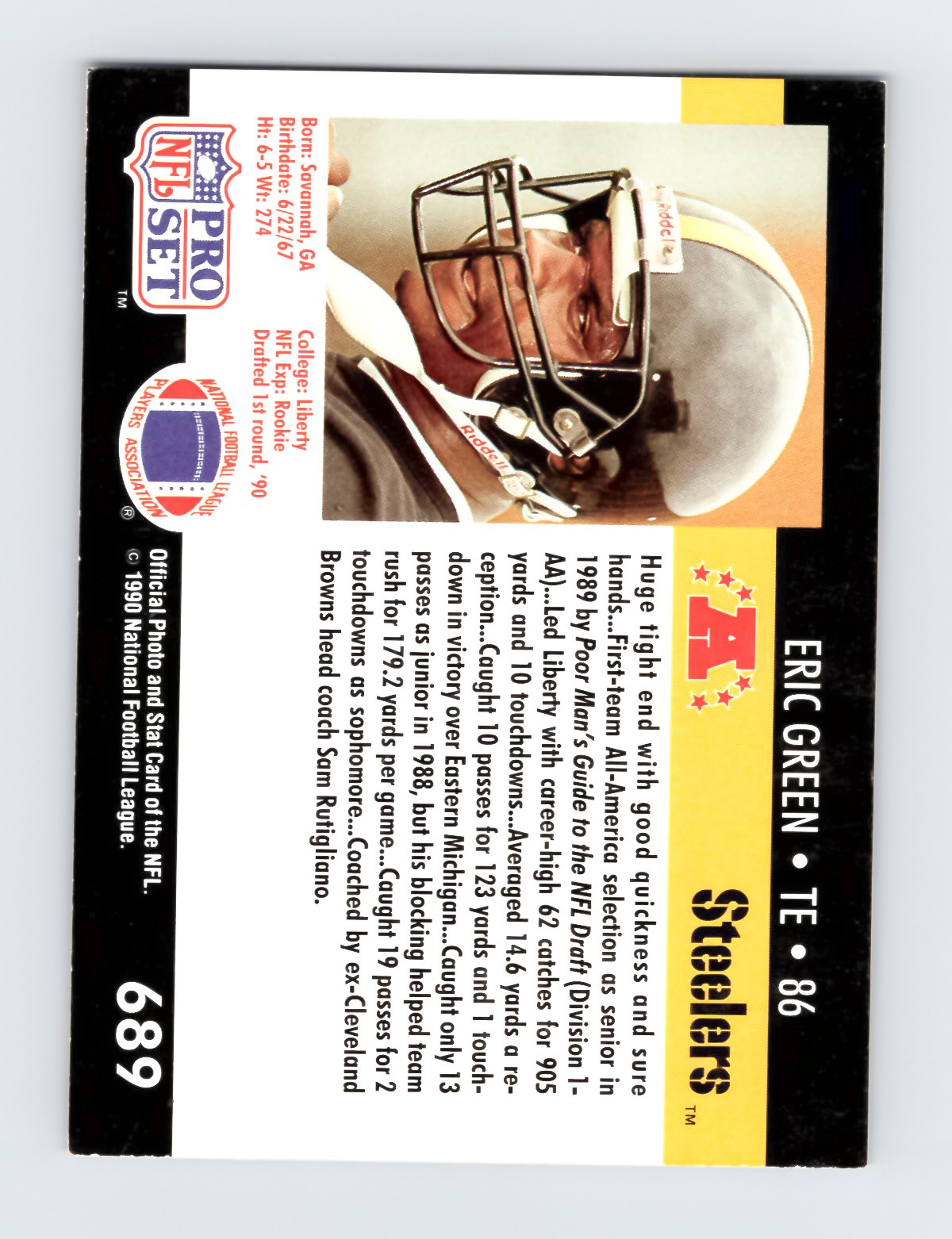 1990 Pro Set Eric Green #689 Pittsburgh Steelers Rookie Card - EXCELLENT - Image 2