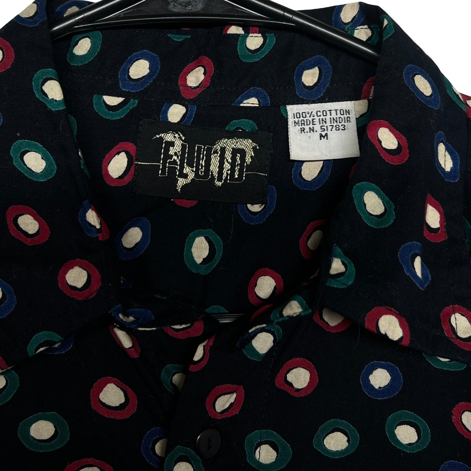 Vintage Fluid Mens Button Down Shirt Medium Black Polka Dot Cotton Excellent - Image 3