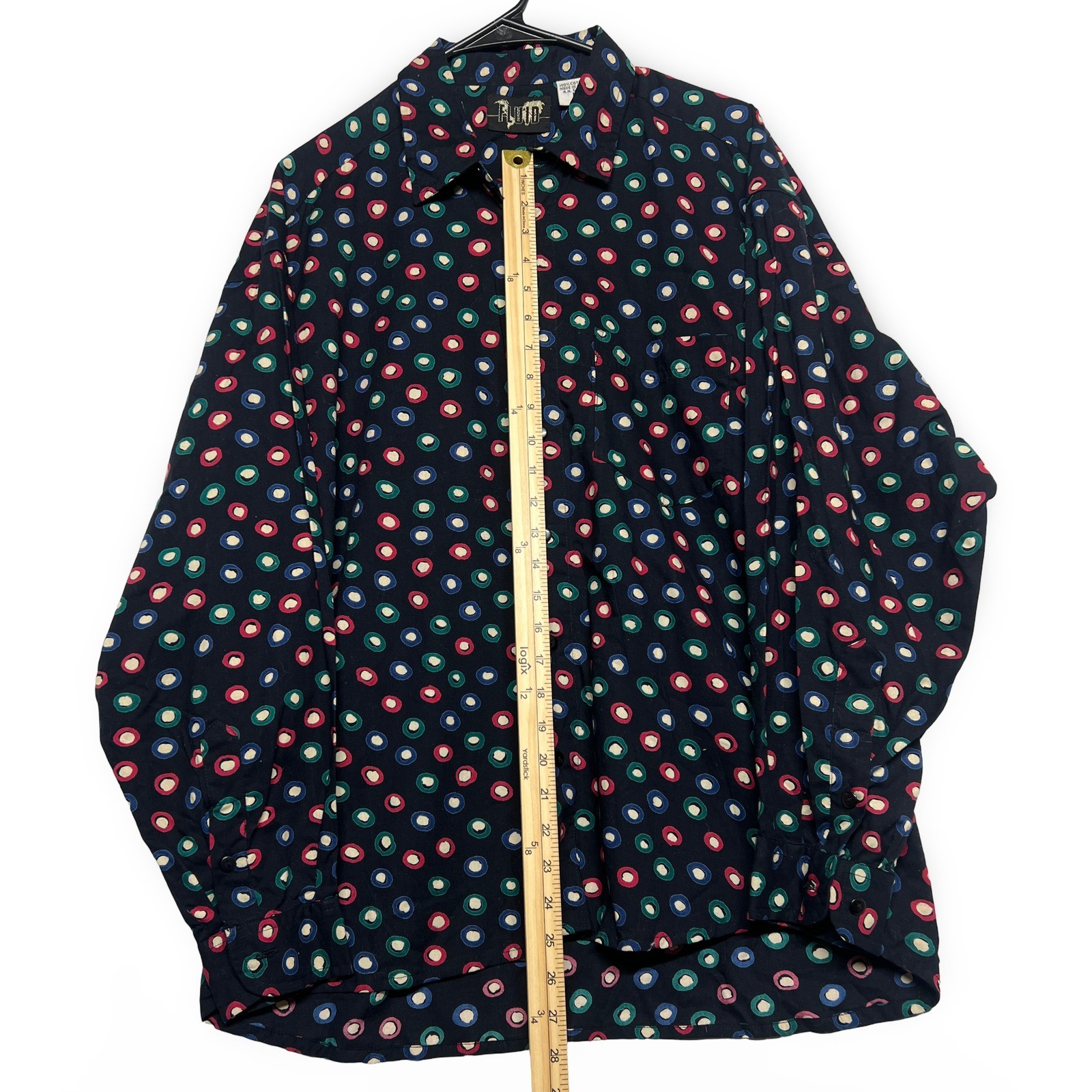 Vintage Fluid Mens Button Down Shirt Medium Black Polka Dot Cotton Excellent - Image 4