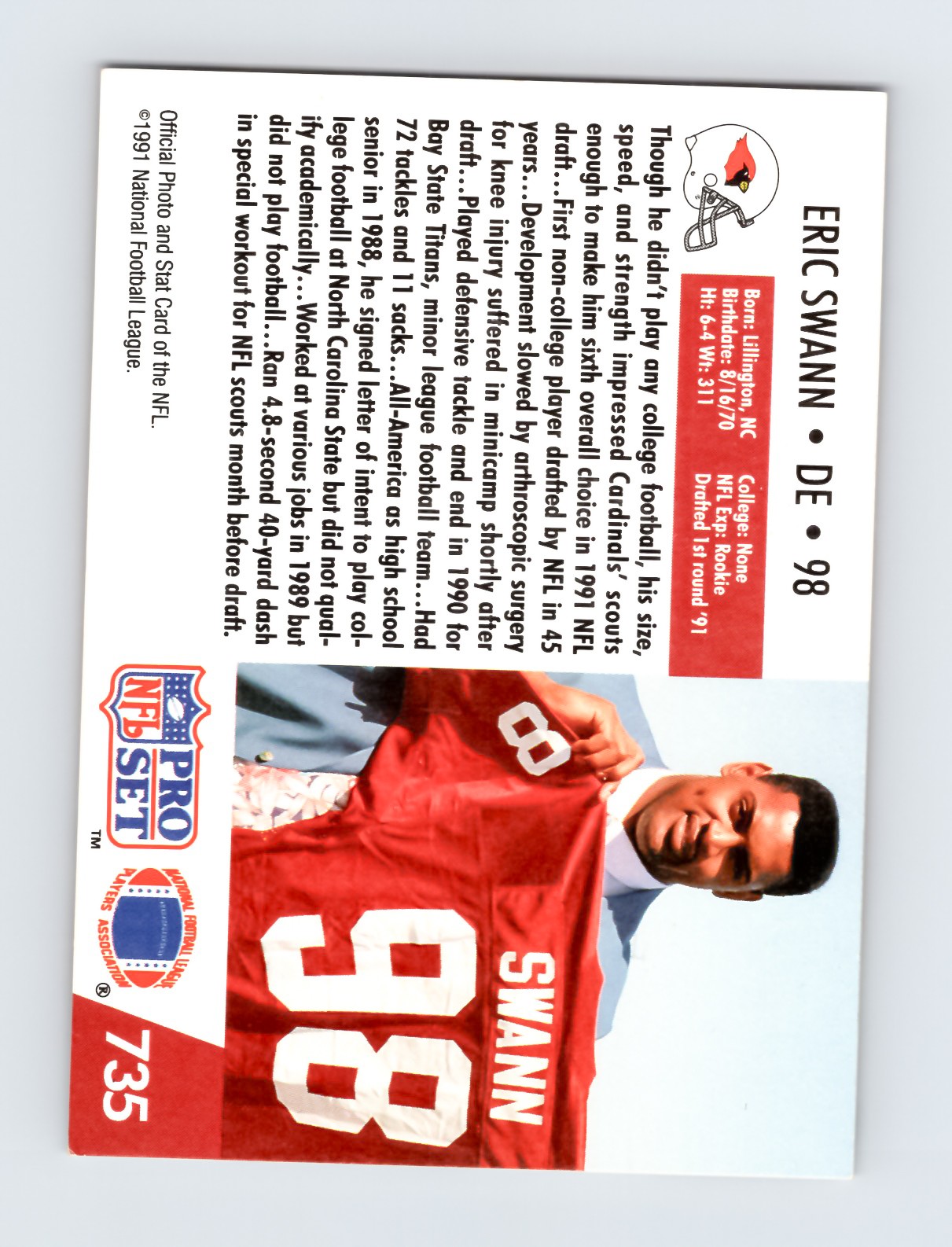 1991 Pro Set Eric Swann #735 Phoenix Cardinals RC Rookie Card EXCELLENT - Image 2