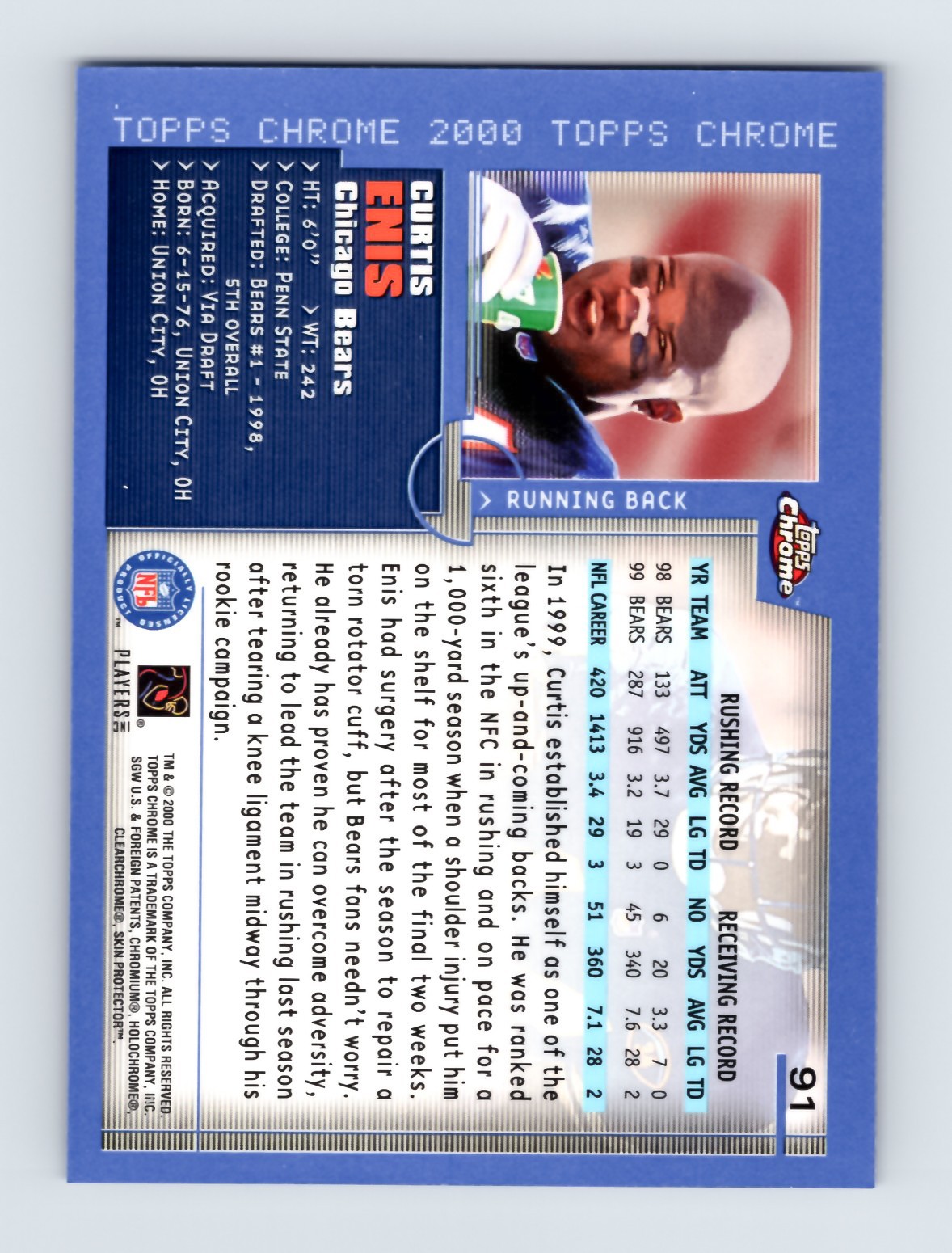 2000 Topps Chrome Curtis Enis #91 Chicago Bears RC Rookie Card Excellent - Image 2