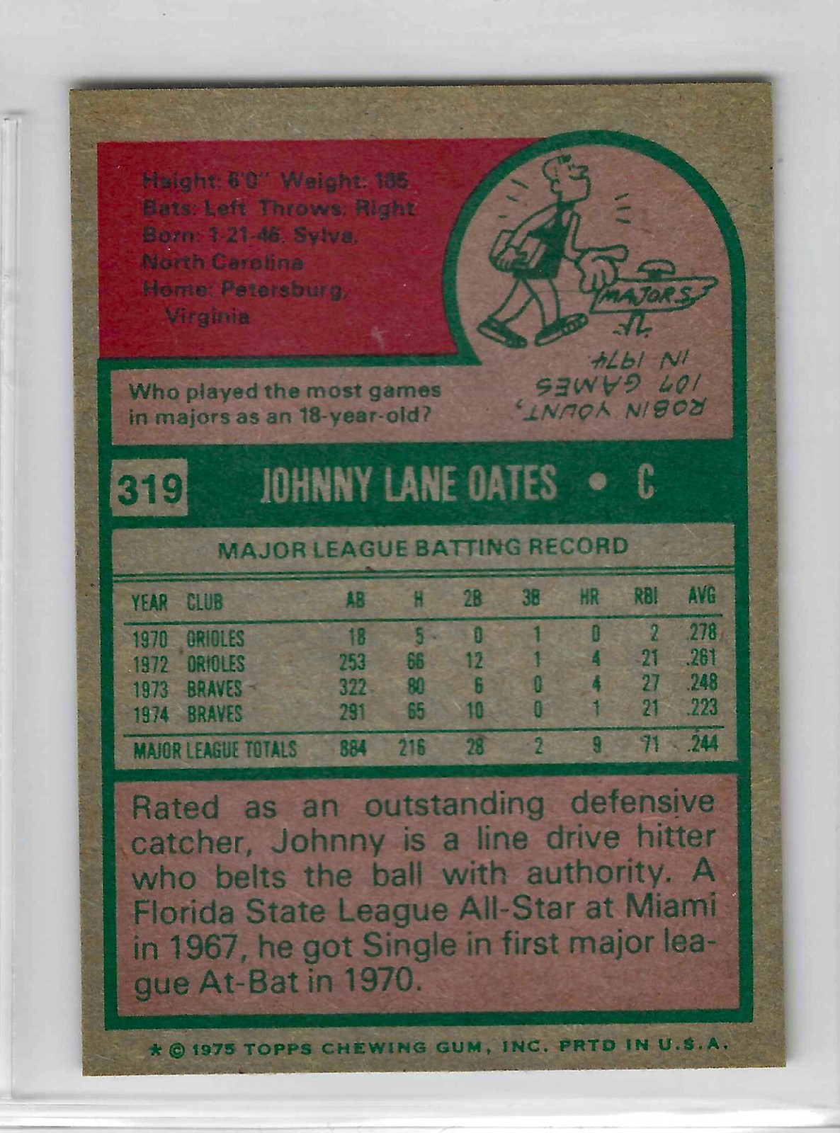 1975 Topps MINI Baseball - SET BREAK - Johnny Oates #319 - Image 2