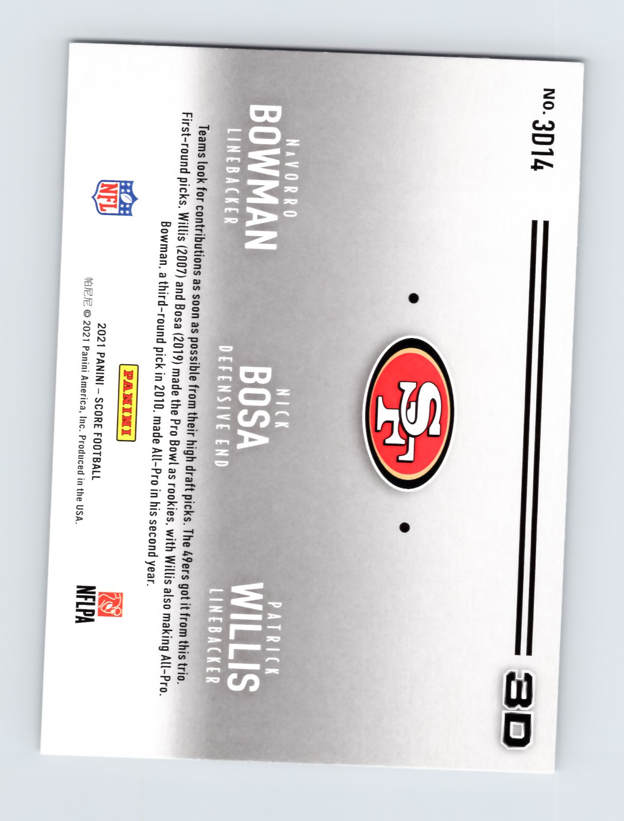 2021 Score Football Card #3D14 Bowman Bosa Willis 3D - EXCELLENT - Image 2
