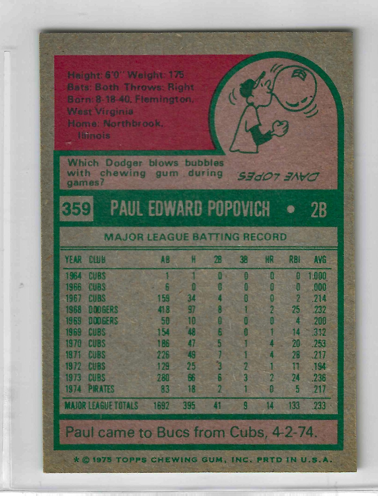 1975 Topps MINI Baseball - SET BREAK - Paul Popovich #359 - Image 2