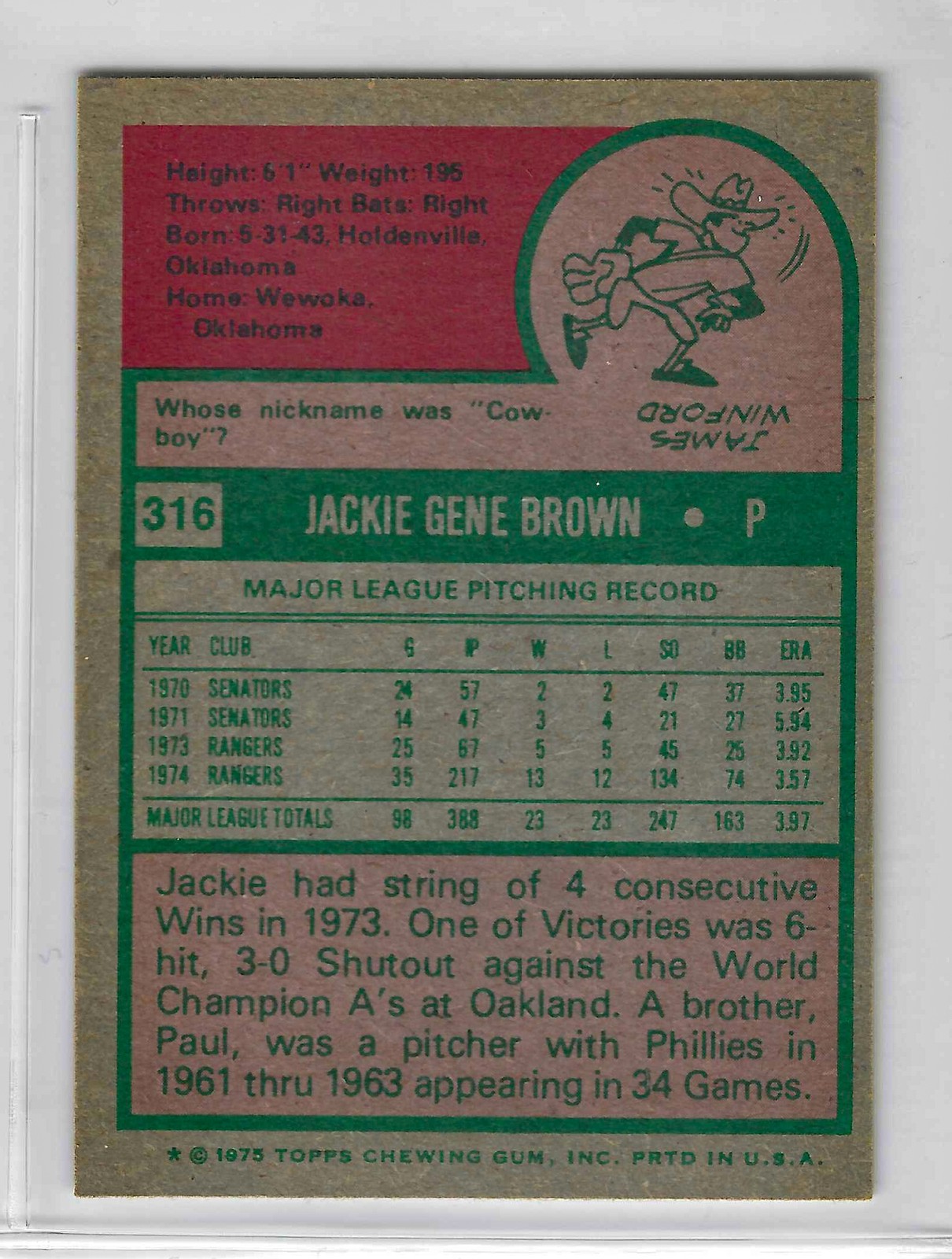 1975 Topps MINI Baseball - SET BREAK - Jackie Brown #316 - Image 2