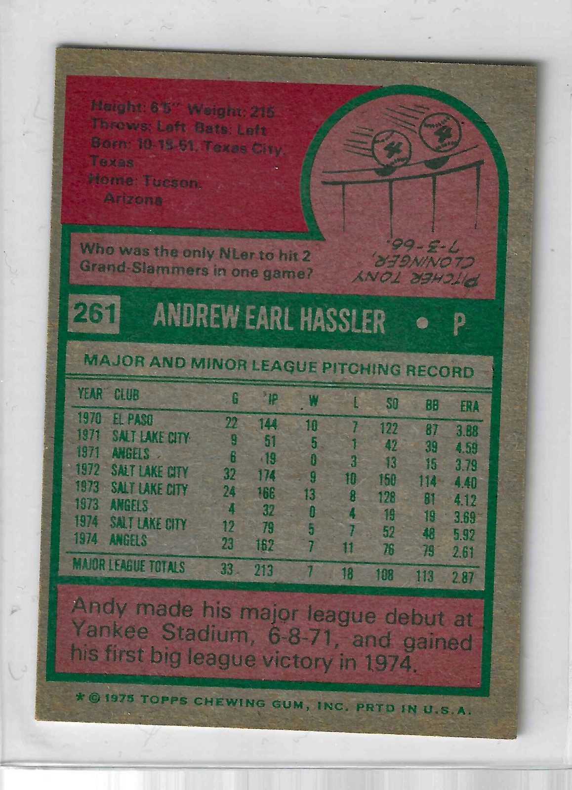 1975 Topps MINI Baseball - SET BREAK - Andy Hassler (RC) #261 - Image 2