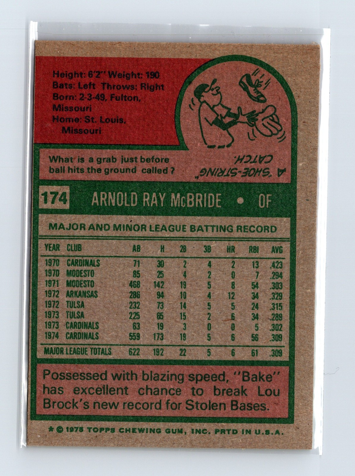 1975 Topps Baseball - SET BREAK - #174 Bake McBride - Image 2