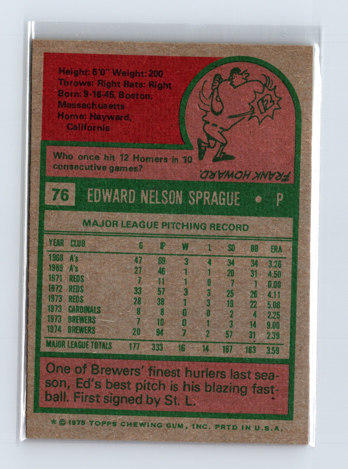 1975 Topps Baseball - SET BREAK - #76 Ed Sprague - Image 2