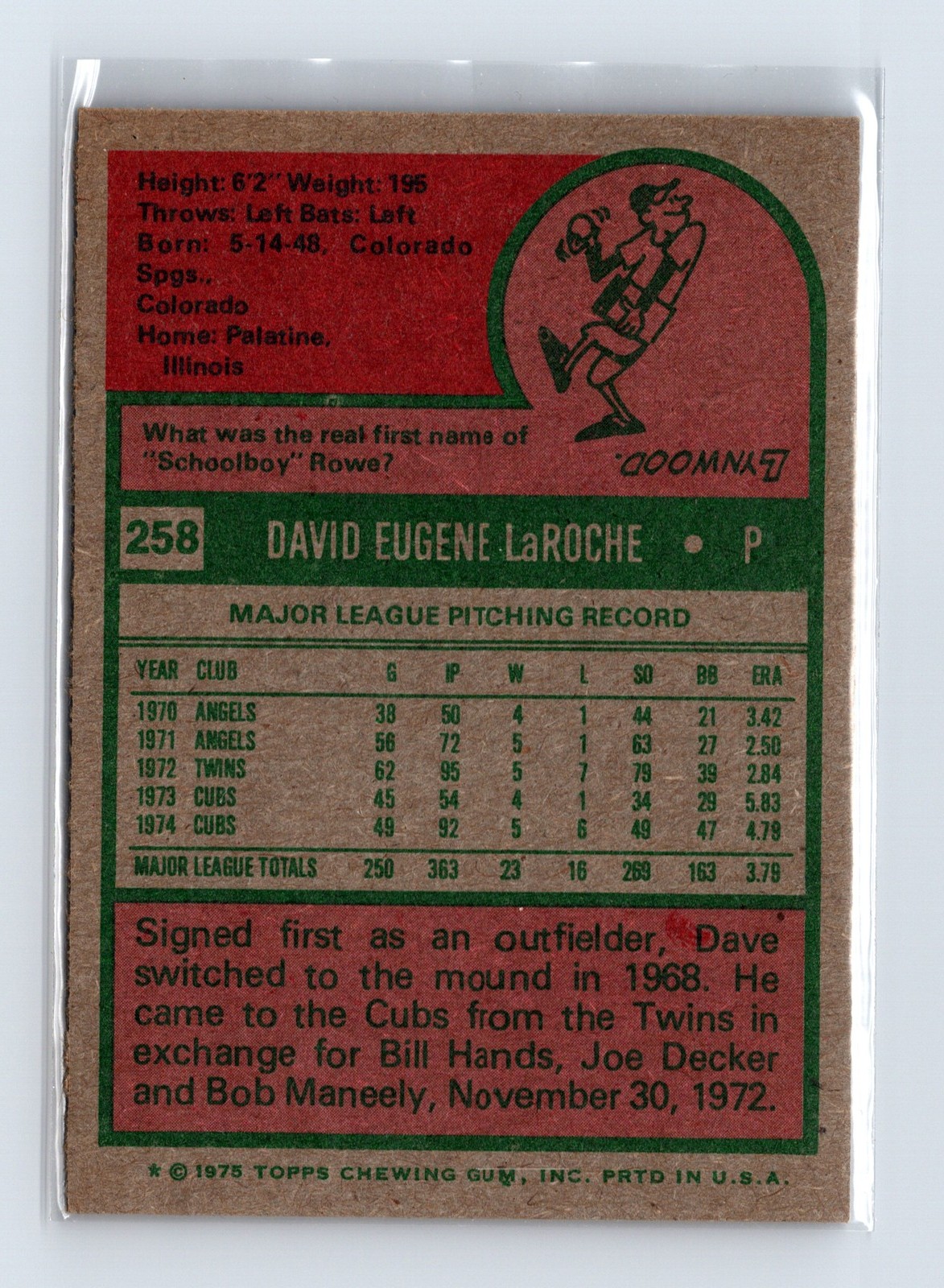 1975 Topps Baseball - SET BREAK - #258 Dave LaRoche - Image 2