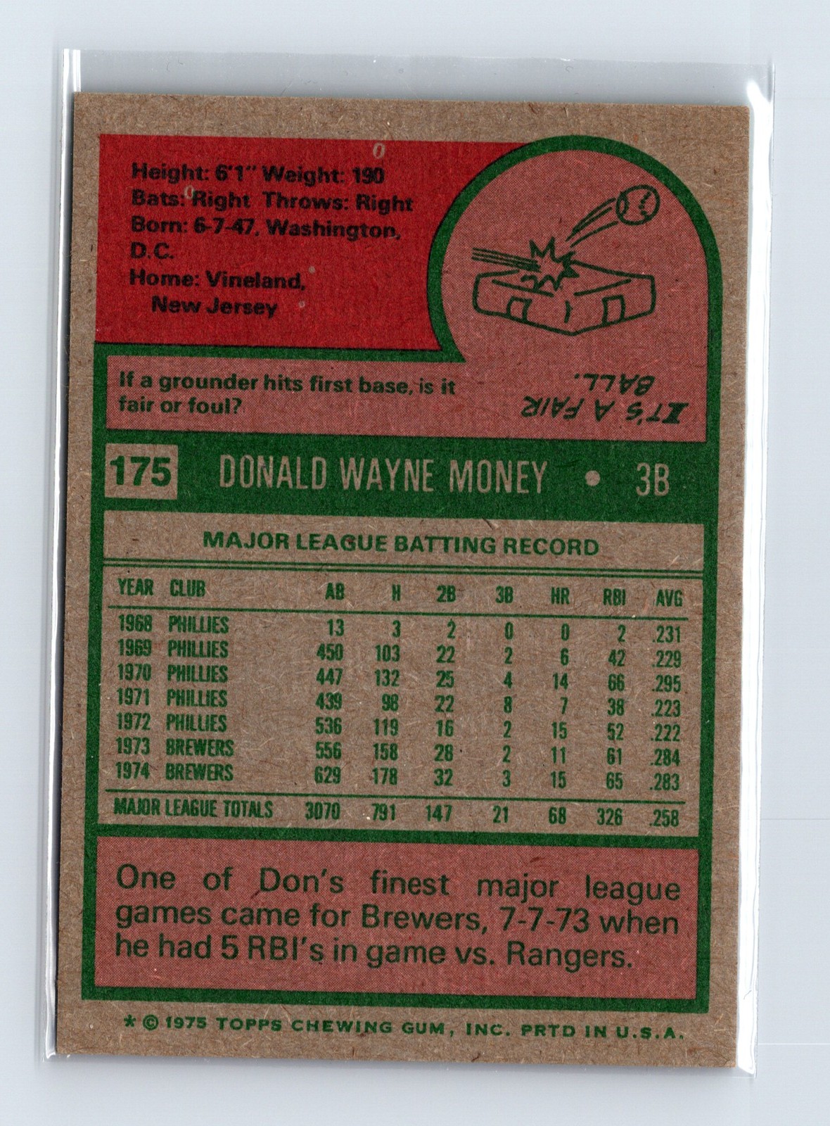 1975 Topps Baseball - SET BREAK - #175 Don Money - Image 2