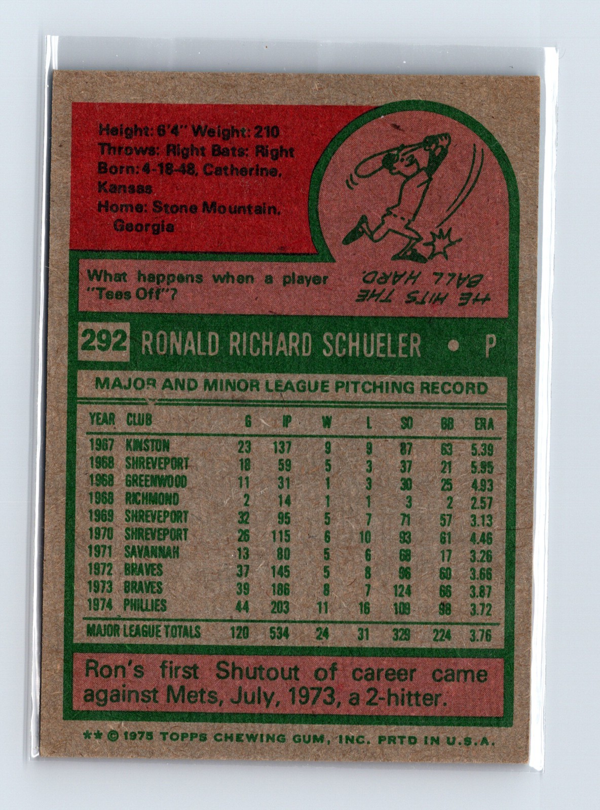 1975 Topps Baseball - SET BREAK - #292 Ron Schueler - Image 2