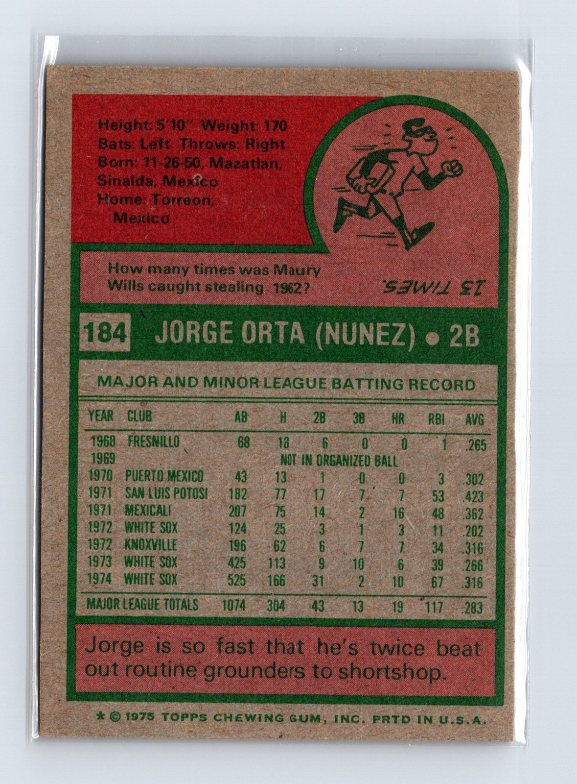 1975 Topps Baseball - SET BREAK - #184 Jorge Orta - Image 2