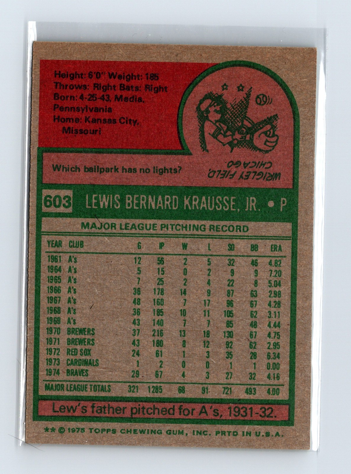 1975 Topps Baseball - SET BREAK - #603 Lew Krausse - Image 2
