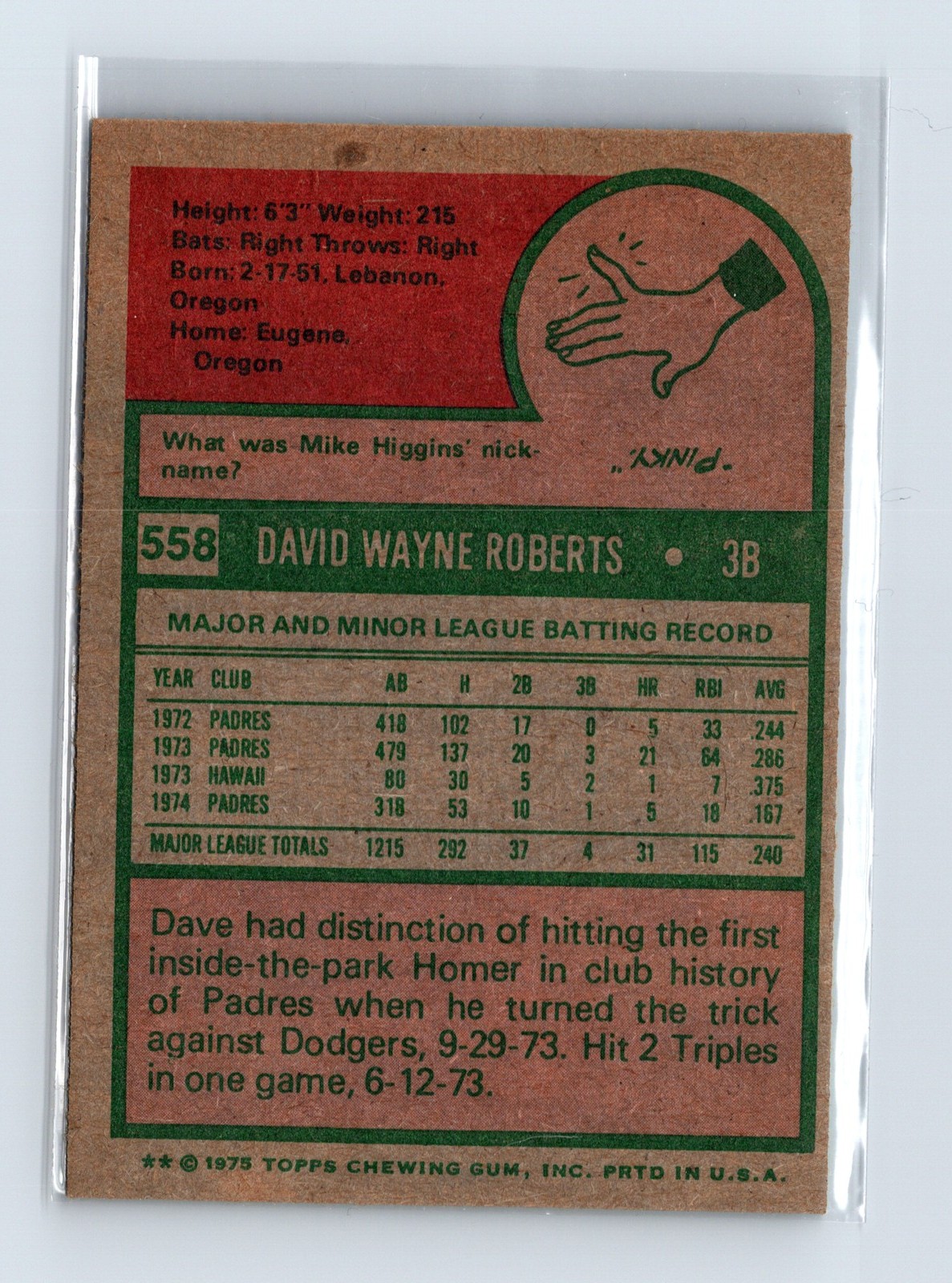 1975 Topps Baseball - SET BREAK - #558 Dave Roberts - Image 2