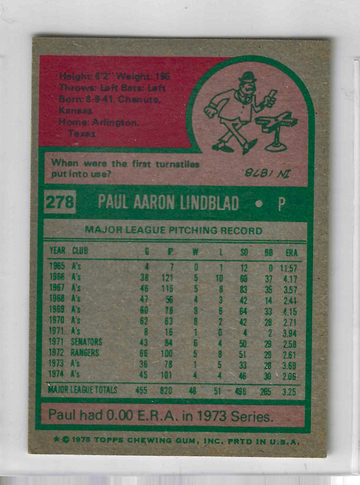 1975 Topps MINI Baseball - SET BREAK - Paul Lindblad #278 - Image 2