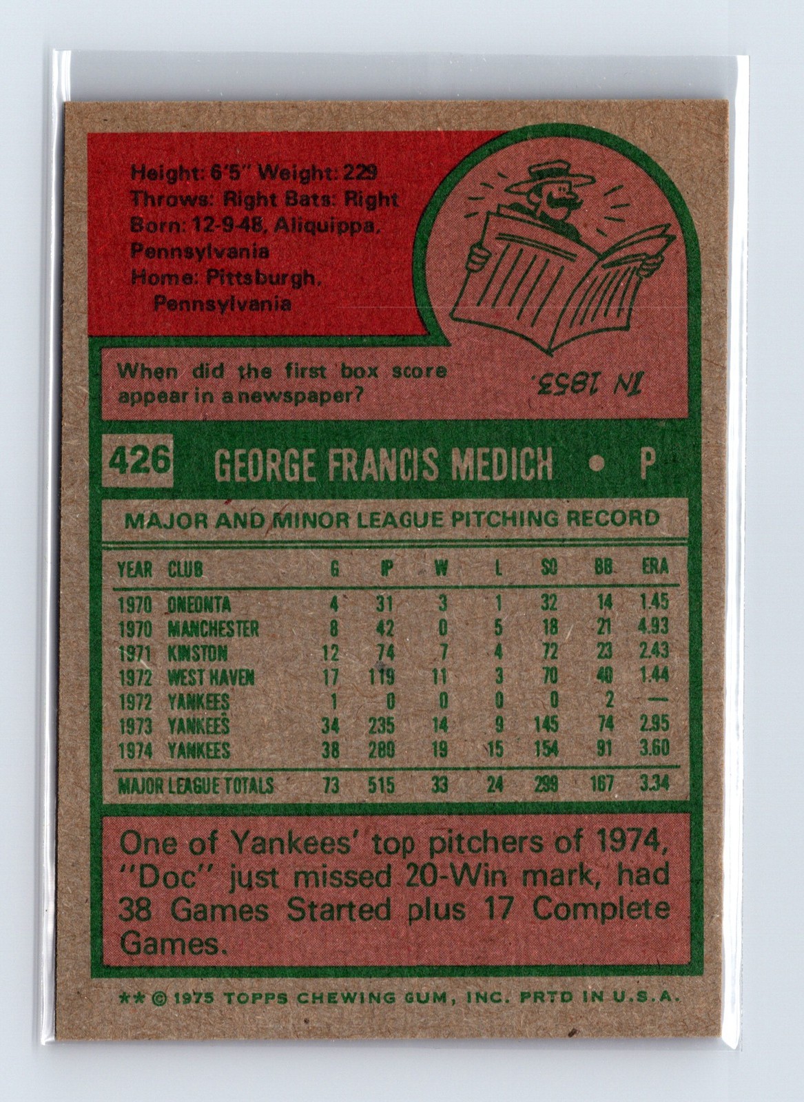 1975 Topps Baseball - SET BREAK - #426 Doc Medich - Image 2
