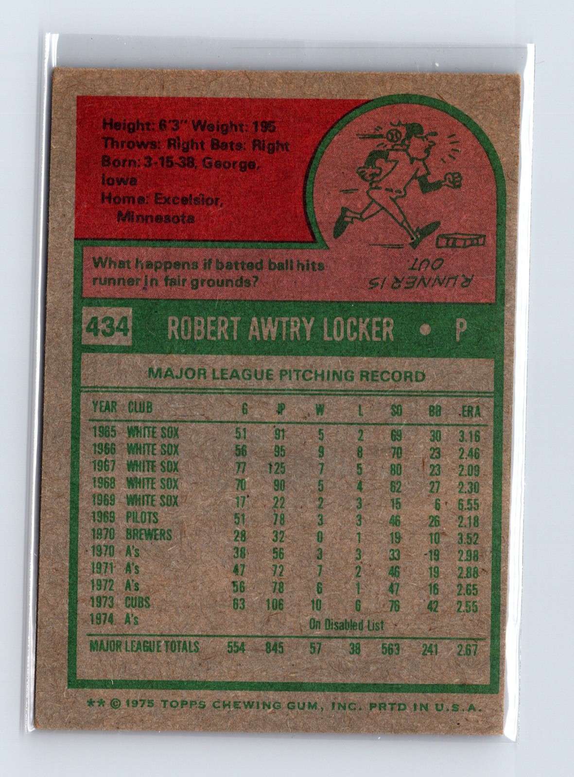 1975 Topps Baseball - SET BREAK - #434 Bob Locker - Image 2