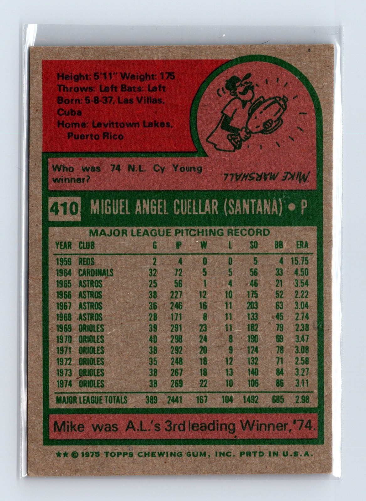 1975 Topps Baseball - SET BREAK - #410 Mike Cuellar - Image 2