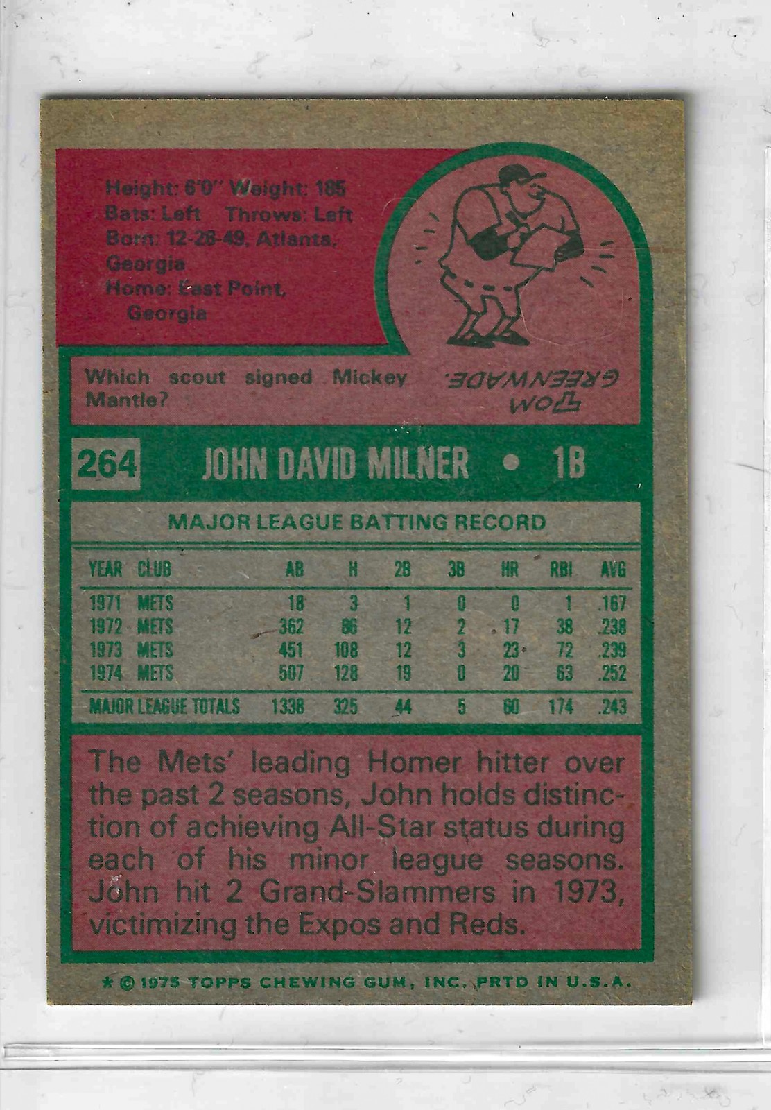 1975 Topps MINI Baseball - SET BREAK - John Milner #264 - Image 2