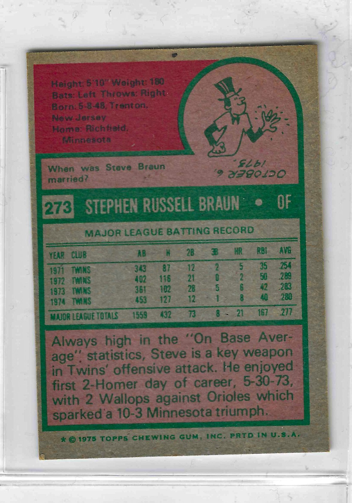 1975 Topps MINI Baseball - SET BREAK - Steve Braun #273 - Image 2