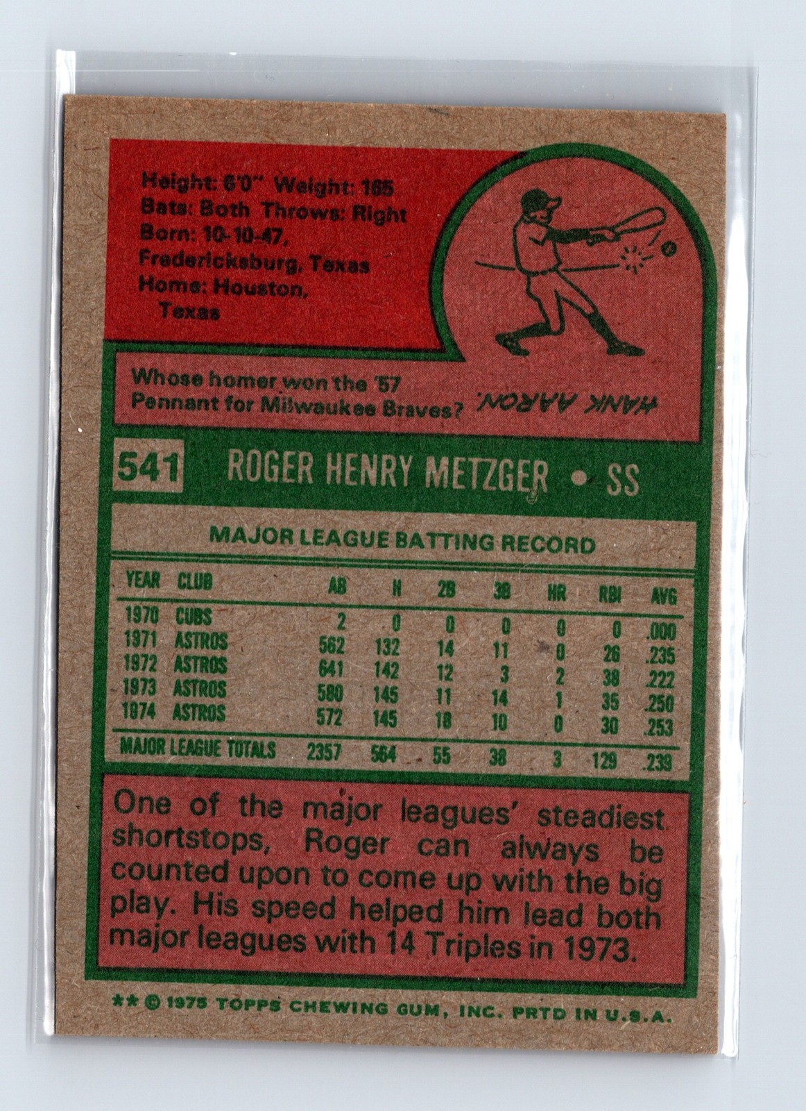 1975 Topps Baseball - SET BREAK - #541 Roger Metzger - Image 2
