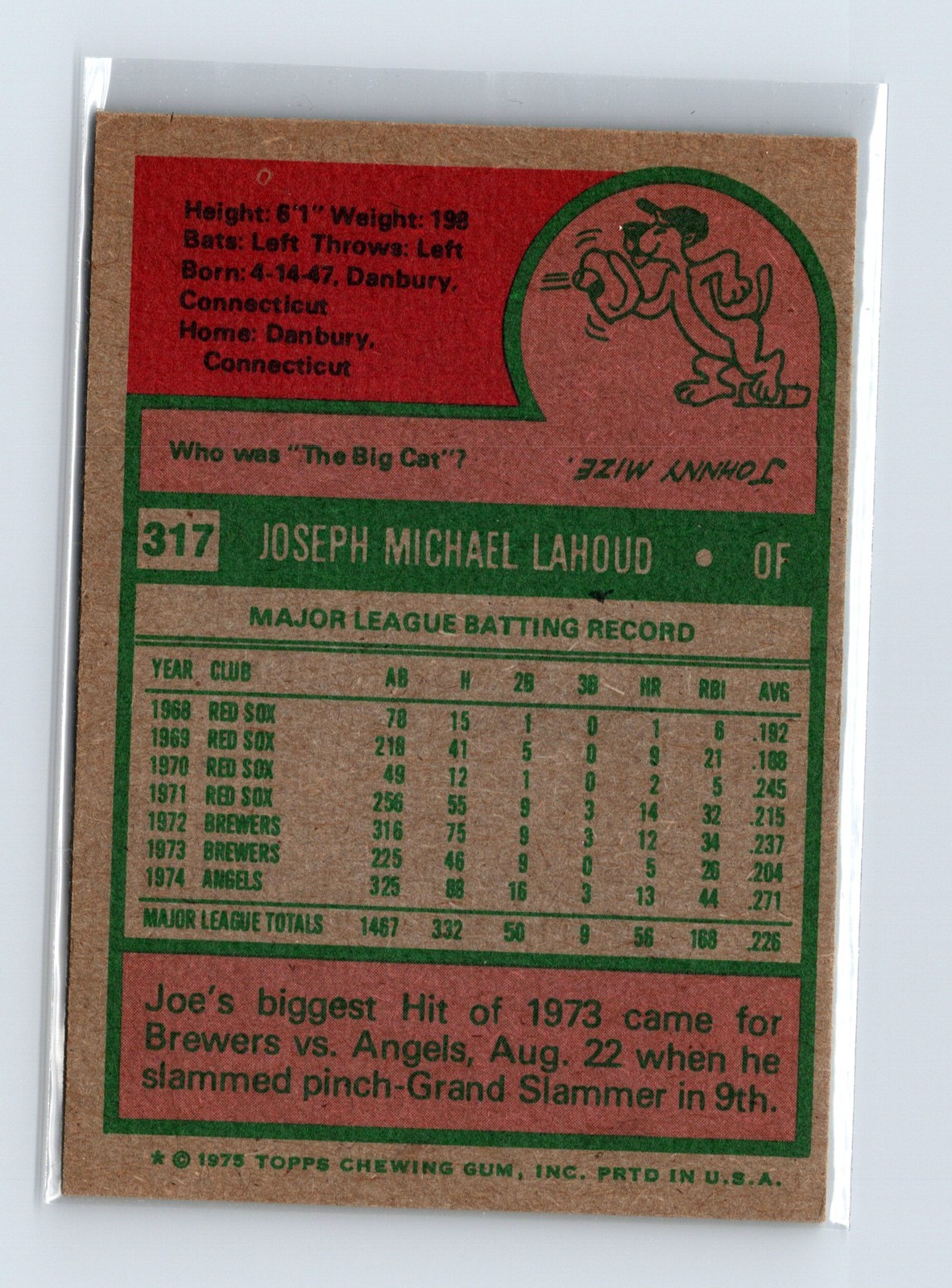 1975 Topps Baseball - SET BREAK - #317 Joe Lahoud - Image 2