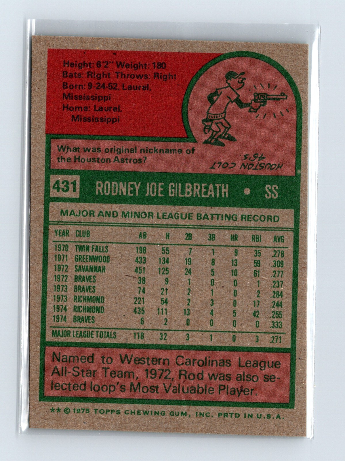 1975 Topps Baseball - SET BREAK - #431 Rod Gilbreath - Image 2