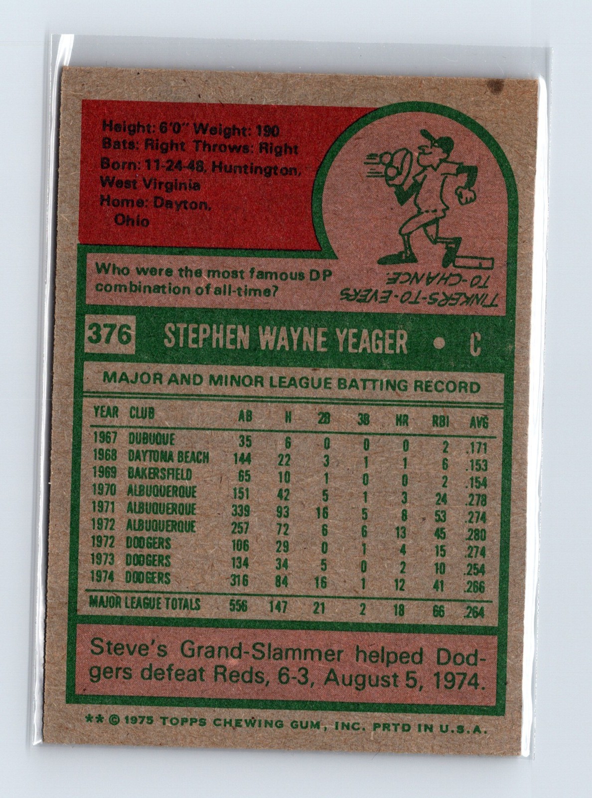 1975 Topps Baseball - SET BREAK - #376 Steve Yeager - Image 2