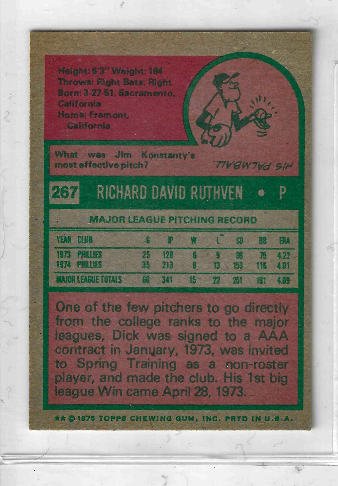 1975 Topps MINI Baseball - SET BREAK - Dick Ruthven #267 - Image 2